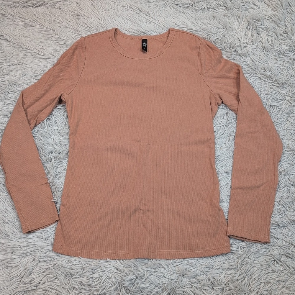 Automet Shirt Womens L Ribbed Top Stretch Form Fitting Active Comfort Casual